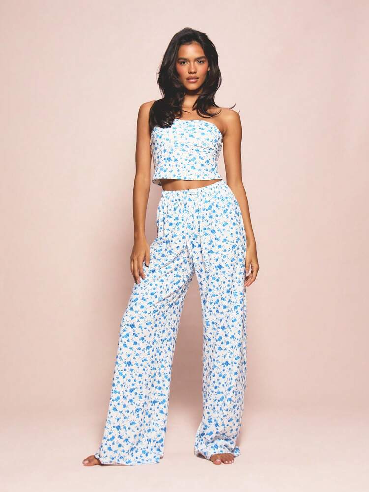 MISSGUIDED Damski, kwiatowy nadruk, bez ramiączek, krótki top typu bandeau i szerokie nogawki, komplet piżamowy, bielizna nocna, dwuczęściowy strój domowy, pasujące zamówienie