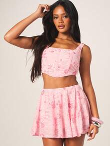 MISSGUIDED Embellished Pink Floral Corset Crop Top With Lace Up Back Detail And Square Neckline For Spring Summer - Pink - View 1