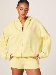 Missguided x Playboy Felpa con cappuccio oversize con chiusura lampo completa, logo a coniglio e tasca centrale per comfort casual quotidiano - Giallo - Visualizzare 6