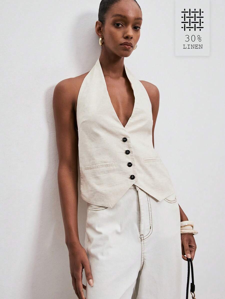 ATUI Studio Women's Beige Sleeveless Deep V-Neck Cinched Waist Vest, Sheer Atmosphere, Suitable For Dates, Vacations, And Daily Commute - Beige - View 1