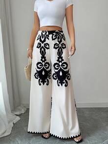 SHEIN Elenzya Pantalones anchos estampados para mujer, elegantes, casuales para vacaciones, viajes, moda, citas, estilo francés retro, versátiles para primavera y verano, con estampado en color negro sobre base color albaricoque, nuevos pantalones anchos - Multicolor - Ver 6