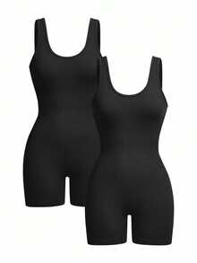 Velisys Set de 2 piezas de shorts tipo mono sin costuras y transpirables, diseño acanalado, estilo básico, color negro, para deportes, fitness, yoga - Negro - Ver 1
