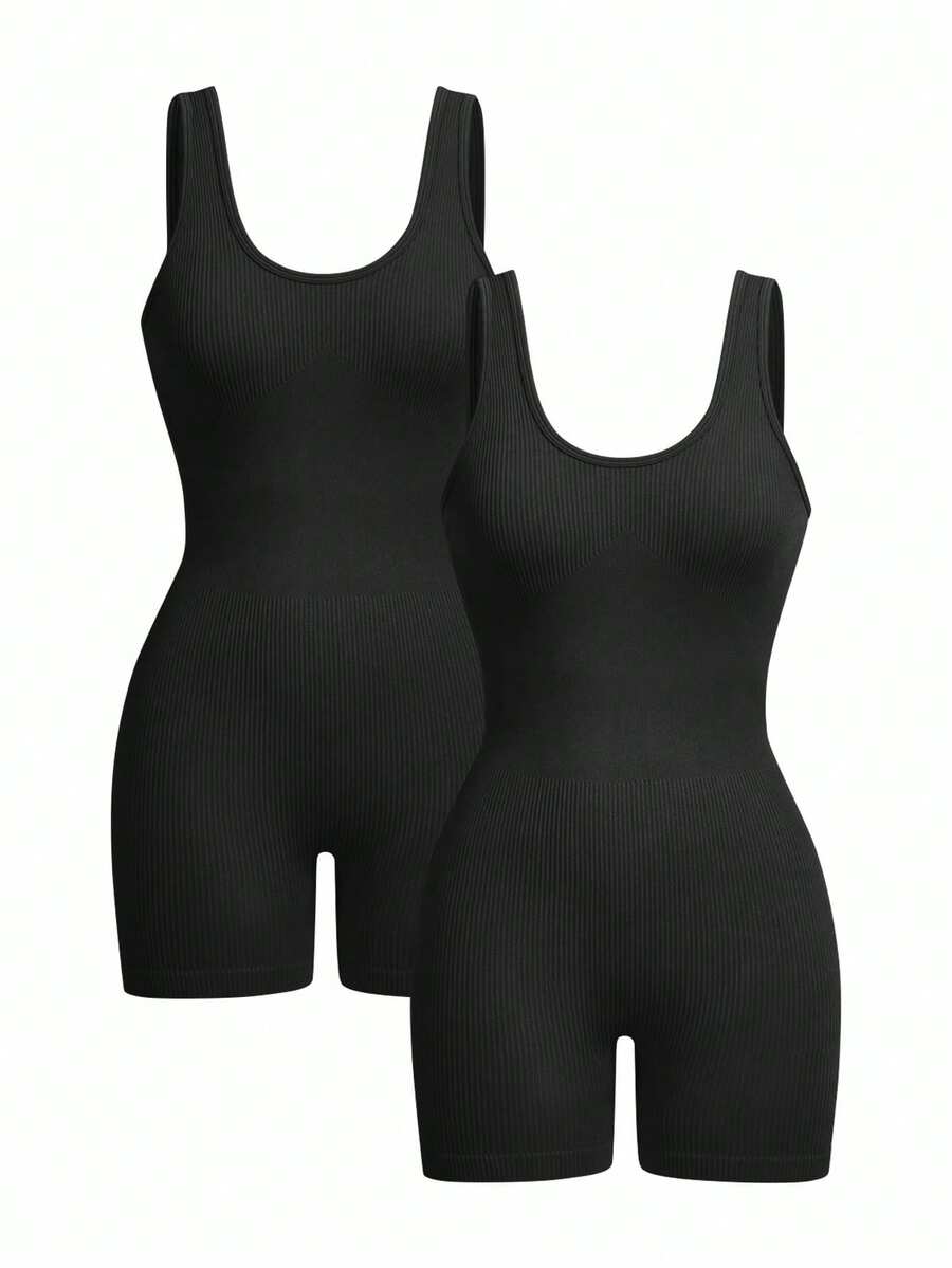 Velisys Set de 2 piezas de shorts tipo mono sin costuras y transpirables, diseño acanalado, estilo básico, color negro, para deportes, fitness, yoga - Negro - Ver 1