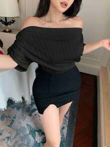 DAZY 女士褶皱肩部休闲日常短袖T恤 - 黑色 - 查看 5