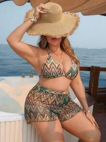 Swim Lushoire Plus Size All-Over Print Halter Backless Bikini Set - Multicolor - View 4