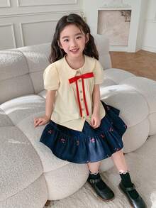 DAZY Young Girls Turndown Collar Solid Color Short Sleeve Shirt Summer - Yellow - View 3