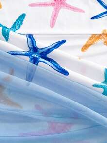 SHEIN 少女蓝白度假风碎花侧边蝴蝶结装饰休闲连体泳衣带罩裙 - 彩色 - 查看 7