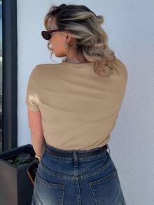 Jeta Ari Camiseta feminina casual de verão com bordado de coração, gola redonda, manga curta, estilo antigo, roupa de trabalho feminina casual para negócios - Castanho Café - Ver 2