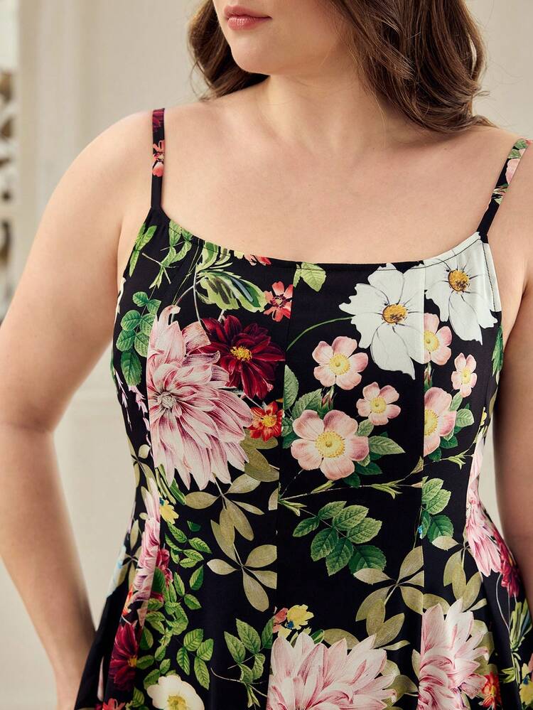 PLUS SIZE ELEGANT FLORAL PRINT RUFFLE DRESS