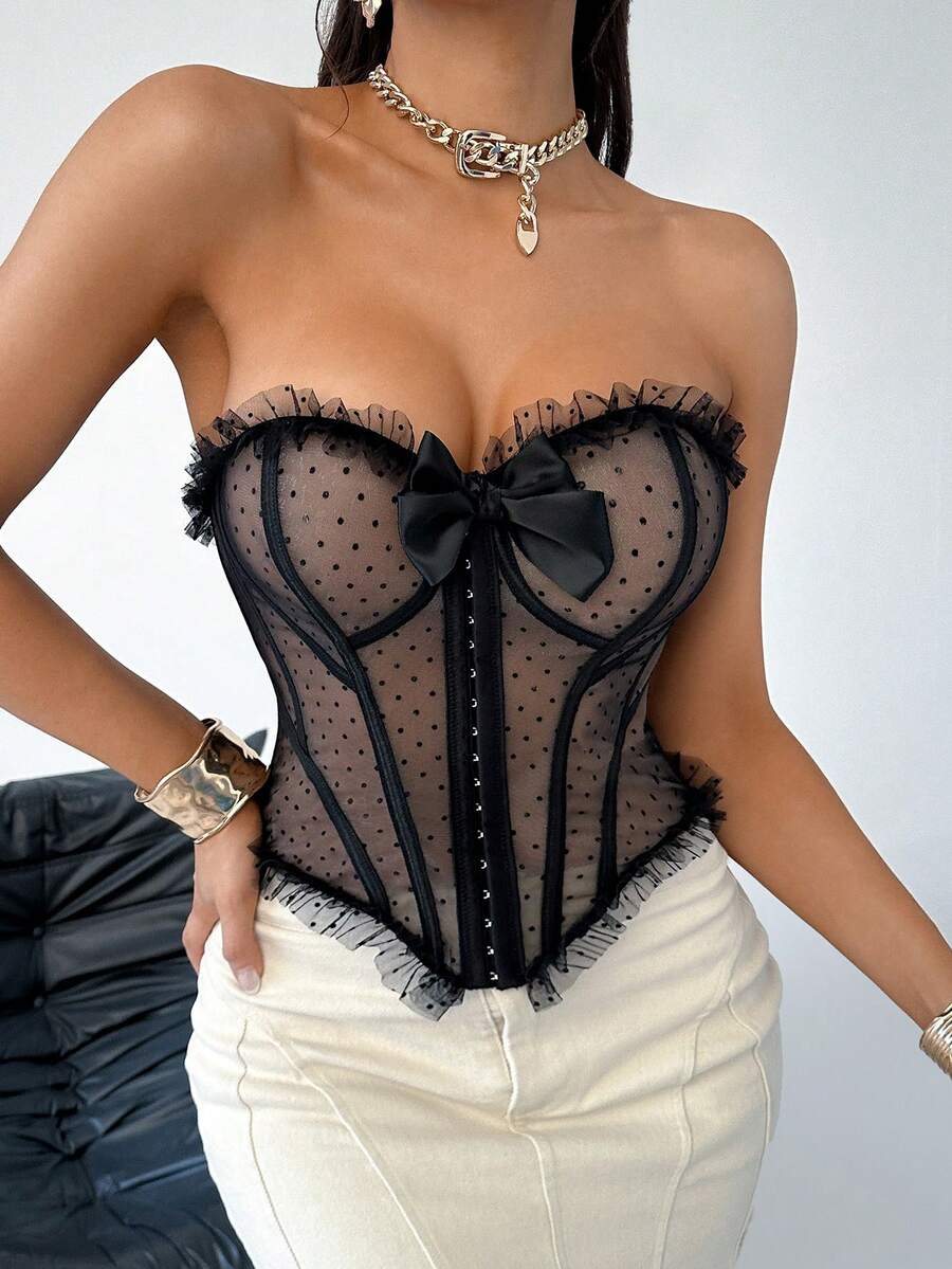 EasyFave Fantasy Elegant Black Flocking Sheer All Over Print Micro Crop Corset Top - Black - View 1