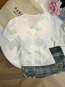 Sweetra 女士时尚高街风度假复古优雅简约修身蝴蝶结衬衫，春夏款 - 白色 - 查看 1