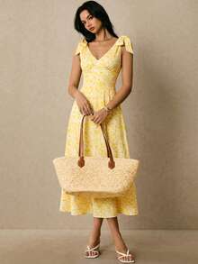 Poéselle Đầm maxi hai dây in họa tiết cổ chữ V thanh lịch dành cho nữ - Màu vàng - Xem 5