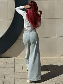 Bearsaez 女式低腰直筒牛仔裤休闲裤 - 淺色水洗藍 - 查看 3