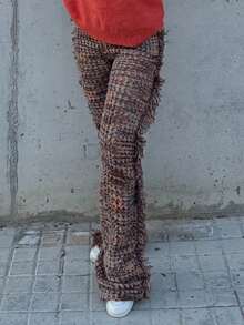 Bearsaez 2024 新款秋冬女式长流苏针织喇叭裤，休闲街头时尚风格 - E - 棕色 - 查看 4