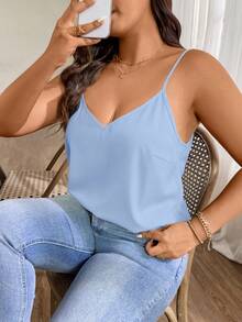 SHEIN Holidaya Plus Size Women's Sky Blue,Summer,Elegant,Night Out Club Solid Minimalist Camisole Backless Zipper Top,Casual Vacation Zip Up Bodysuit Tops For Jeans - Baby Blue - View 3