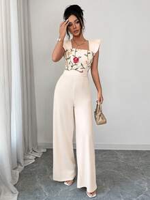 Elenzga Women's Floral Embroidery Square Collar Ruffle Hem Elegant Jumpsuit - Beige - View 5