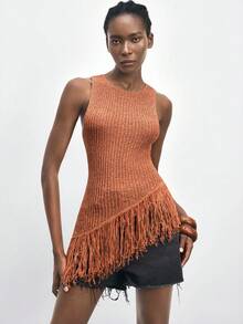 Maija Women Orange Sleeveless Fringed Hem Knit Top - Coral Orange - View 1