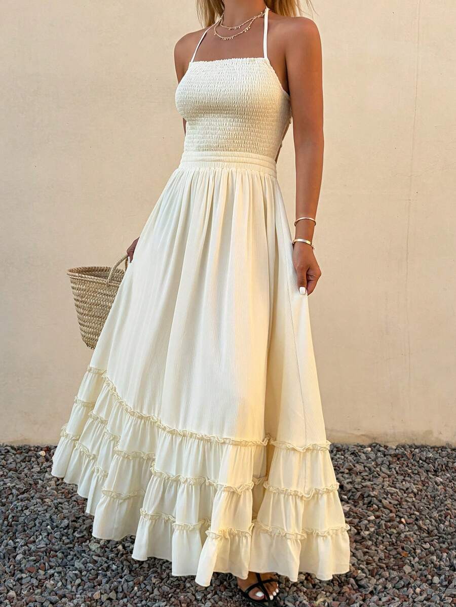 Livesso Đầm xòe cổ yếm hở lưng, eo xếp ly, dành cho nữ - Màu be - Xem 1