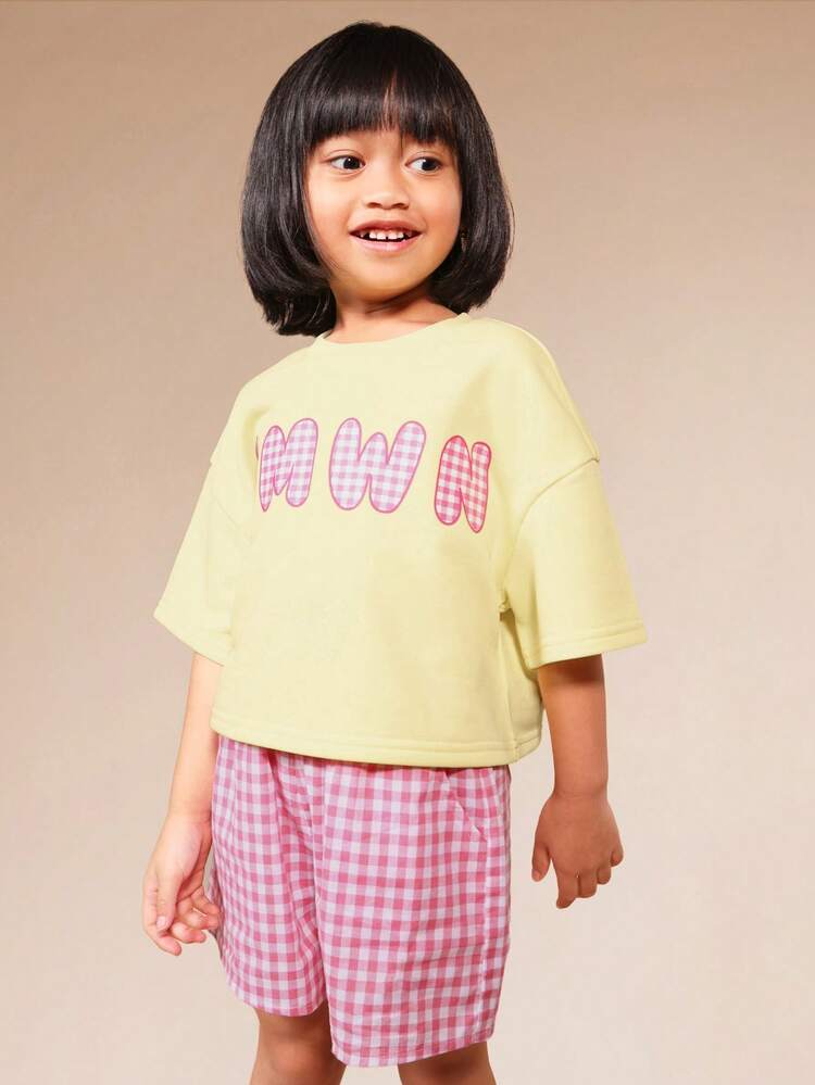 Girls Two Piece Gingham Print Slogan Co-Ord Set Yellow Top Pink Checked Shorts Summer Casual Outfit