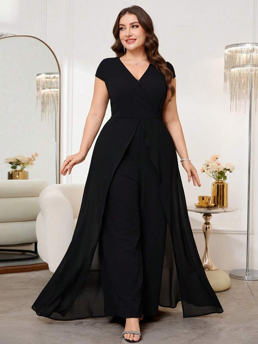SHEIN Clasi Bộ jumpsuit nữ cỡ lớn thanh lịch, sang trọng, tối giản, màu trơn, cổ chữ V, tay áo cánh dơi, hở lưng, ống rộng, không kèm thắt lưng, thích hợp cho mùa xuân/hè. - màu đen - Xem 1