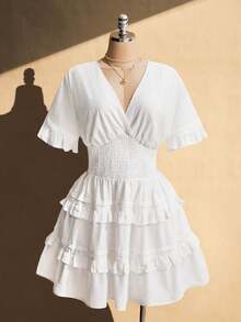 SHEIN ICON 大码女式白色荷叶边连衣裙 - 白色 - 查看 3