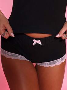 BABYPHAT Plus Size Black Lace Trim High Rise Cotton Shorts With Cursive Script Embroidery Feminine Casual Loungewear Panties Comfort Underwear Booty Shorts - Black - View 4