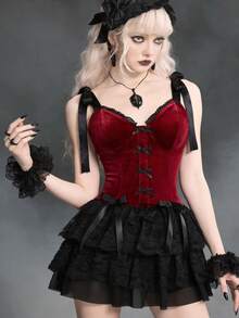 ROMWE Váy ngủ kiểu Gothic bằng nhung và ren tương phản - Màu Đỏ Sâu - Xem 1
