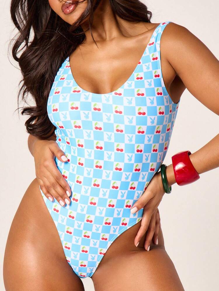 Missguided x Playboy 여성용 하이라이즈 스쿱 넥 1피스 수영복 체크무늬 체리 프린트 패턴 여름 해변 휴가 수영장 올오버 프린트 수영복