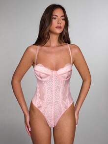 SHEIN BAE Áo corset đen hai dây phối ren dành cho nữ, kiểu dáng gợi cảm, thích hợp cho đêm giao thừa, trang phục đón năm mới cho nữ, áo corset cho nữ. - Màu Hồng  San hô - Xem 3