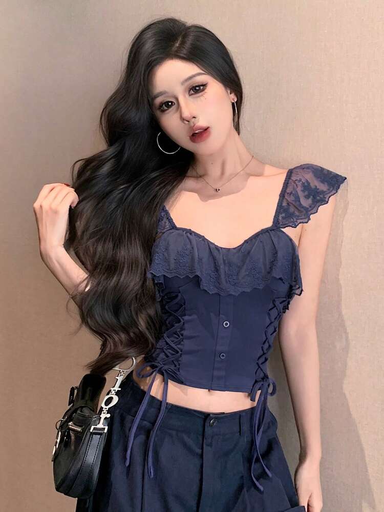 Spring/Summer Blue Hollow Lace Patchwork Crop Top, Elegant For Valentine's Day, Wedding, Party, Fashion Event, Fitted With Ruffle Trim And Tie Details, Short Sleeve Women Blouse