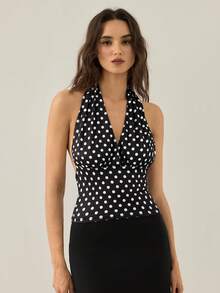 Gaivellea Women's Elegant Deep V Polka Dot Print Hollow Out Fitted Blouse - Black and White - View 5