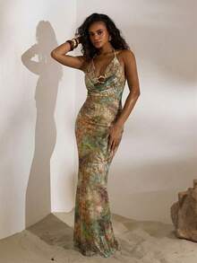 Opulessa Knitted Mesh Halter Backless Printed Maxi Fish Tail Dress For Women - Multicolor - View 5