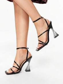 Glitzique 方头水晶高跟鞋，条纹带性感优雅时尚高跟女士凉鞋 - 黑色 - 查看 4