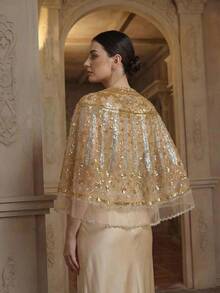 Anewsta Chal elegante con lazo y cuentas para mujer, color dorado - Albaricoque - Ver 2