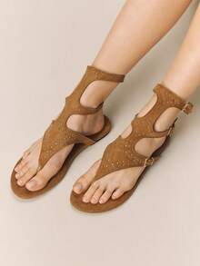 Styleloop New Sexy One-Buckle Roman Sandals, Women's Rivet Bohemian Flat Shoes, Brown Holiday Travel Essential Boho Cowgirl Outfit - Brown - View 3