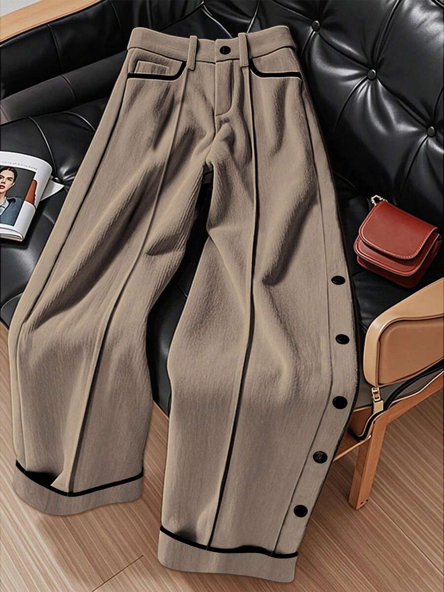 EMERY ROSE Women's Casual Everyday Contrast Trim Button Decorated Pants - Khaki - View 1