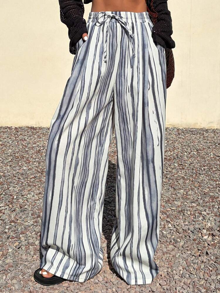 Colorblock Striped Loose Wide Leg Pants, Casual Vacation Summer Trousers For Women