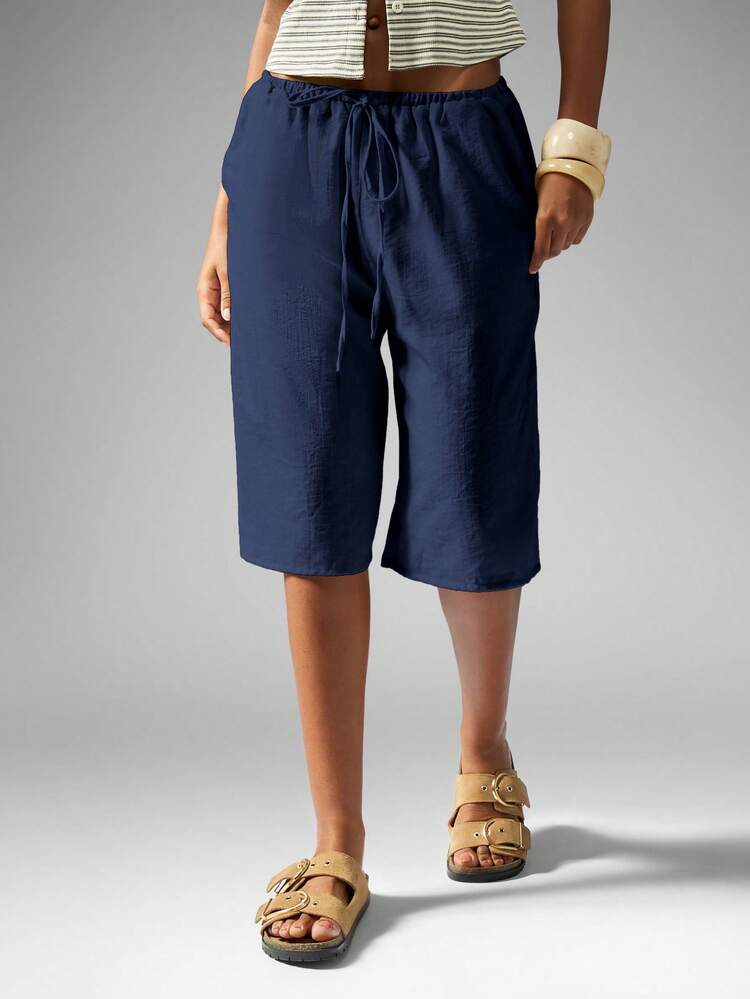 MISSGUIDED Women Navy Linen Feel Look Drawstring Long Bermuda Shorts With Elastic Waistband Casual Summer Relaxed Fit