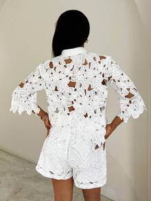 BamGleam 夏季白色花卉刺绣镂空拼接休闲优雅女式衬衫 - 白色 - 查看 2