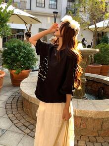 DAZY Women's Round Neck Embellished Korean Style Casual Summer Versatile Beaded T-Shirt Graphic Tees Women - Black - View 7