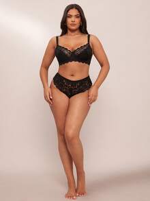 SHEIN BAE 1pc Women Plus Size Lace Patchwork Underwire Bra, Comfortable, Lift - Black - View 7