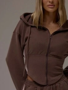 MUSERA Balloon Sleeve Contrast Pipping Cinched Waist Hooded Sweatshirt Casual, Airport, Loungewear, Back To School, Lounge Winter Spring Summer Vacation - Brown - View 2