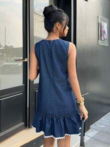 Siren Gaze 女士时尚休闲无袖短款牛仔连衣裙 - 深色水洗藍 - 查看 3