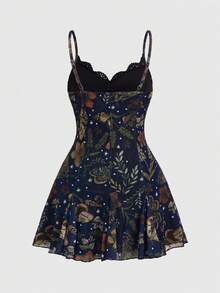 ROMWE Fairycore Dark Floral Bohemian Romantic Gothic Print Loose Fit Spaghetti Strap Mini Dress For Women - Navy Blue - View 2