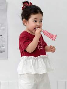 DAZY Blusa de manga corta con cuello redondo, volantes y contraste de color para niñas pequeñas - Rojo - Ver 6