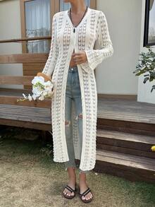 Livesso 女士开襟针织喇叭袖单排扣长款开衫，时尚海滩度假风，春夏秋季 - 白色 - 查看 4