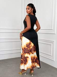 Lineaform Women's Round Neck Black And White Elegant Color Block Waist Cinched Long Party Night Dress,Sleeveless Bodycon Summer Sun Tummy Control Dress - Multicolor - View 2