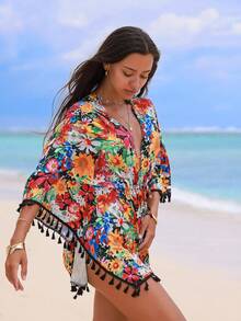 Swim Vcay 女士深V领印花休闲度假沙滩罩衫和服 - 彩色 - 查看 3
