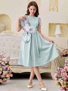 SHEIN Teen Girls' Elegant Floral Print Patchwork Summer Midi Dress Aqua Floral Print Dress - Green - View 3
