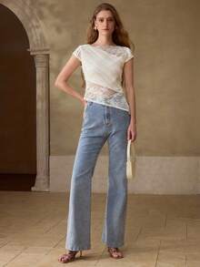 MOTF PREMIUM WOMEN'S LACE PATCHWORK ASYMMETRIC DESIGN LACE T-SHIRT, SPRING/SUMMER - Beige - View 4